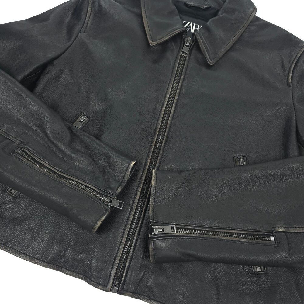NEW Zara Genuine Leather Jacket Distressed Crop 90s Y2k Downtown Girl Clean Girl - Picture 9 of 13